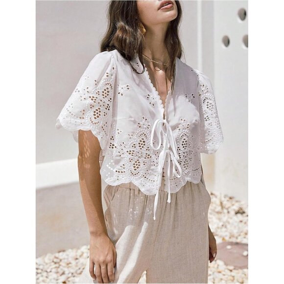 Women's Polyester Crop Top V Neck Ruffle Short Sleeve Summer Blouse - Picture 5 of 5